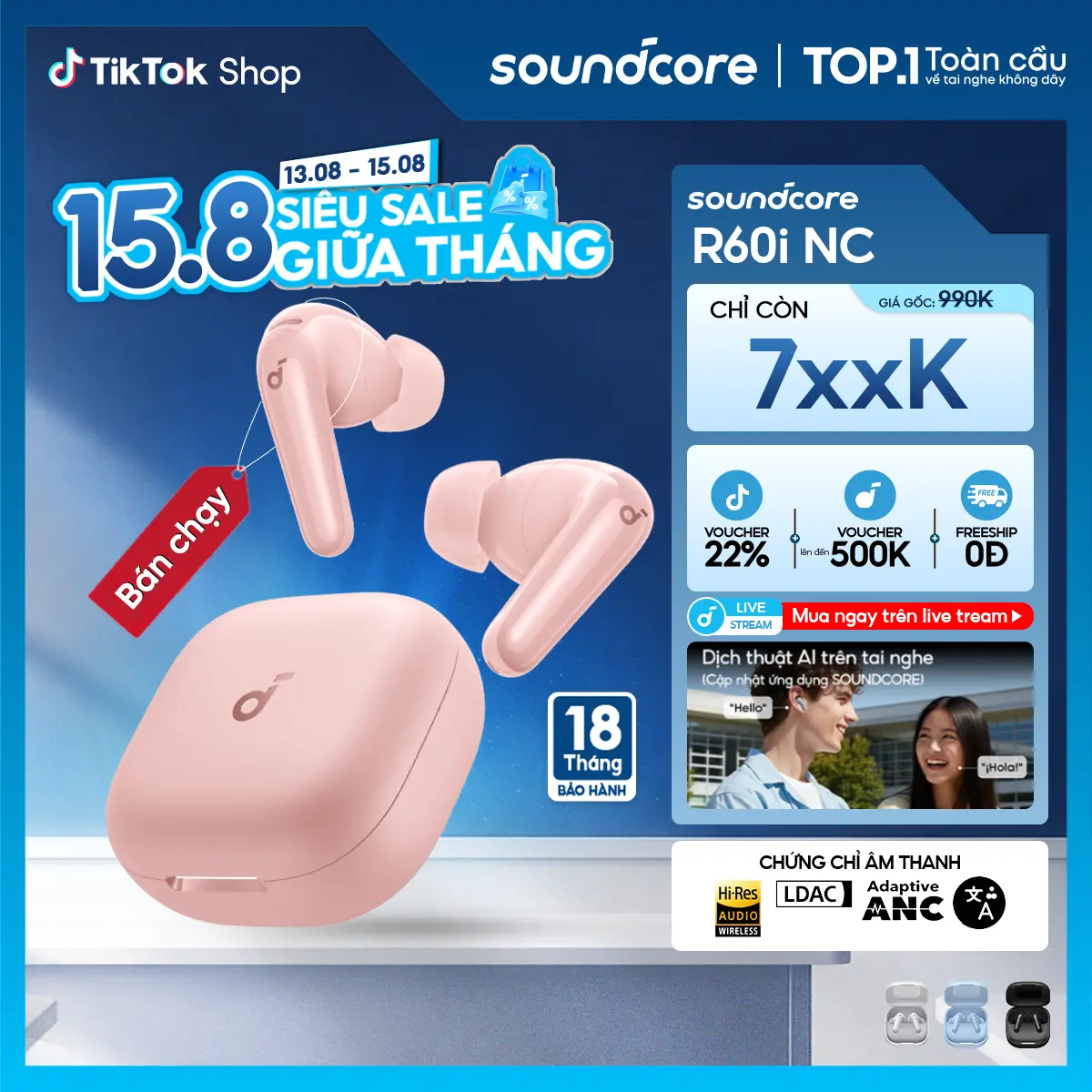 [MỚI] Tai nghe bluetooth không dây chống ồn Soundcore R60i NC chống ồn ANC | 6 Mic đàm thoại AI| Dịch thuật| 50 giờ phát nhạc- Tai nghe không dây- Tai nghe bluetooth pin trâu- Bảo hành 18 tháng- Hàng chính hãng