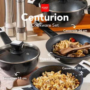 Kuka Kitchen Centurion Set Black/Brown - Set Wajan dan Panci Anti Lengket dengan Tutup Kaca Isi 7 Pcs