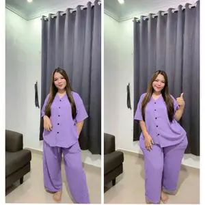 VALENTFASHION88 BUY 1 GET 1 !!! Setelan Wanita Jumbo CP Crinkle Kerah-V Kancing