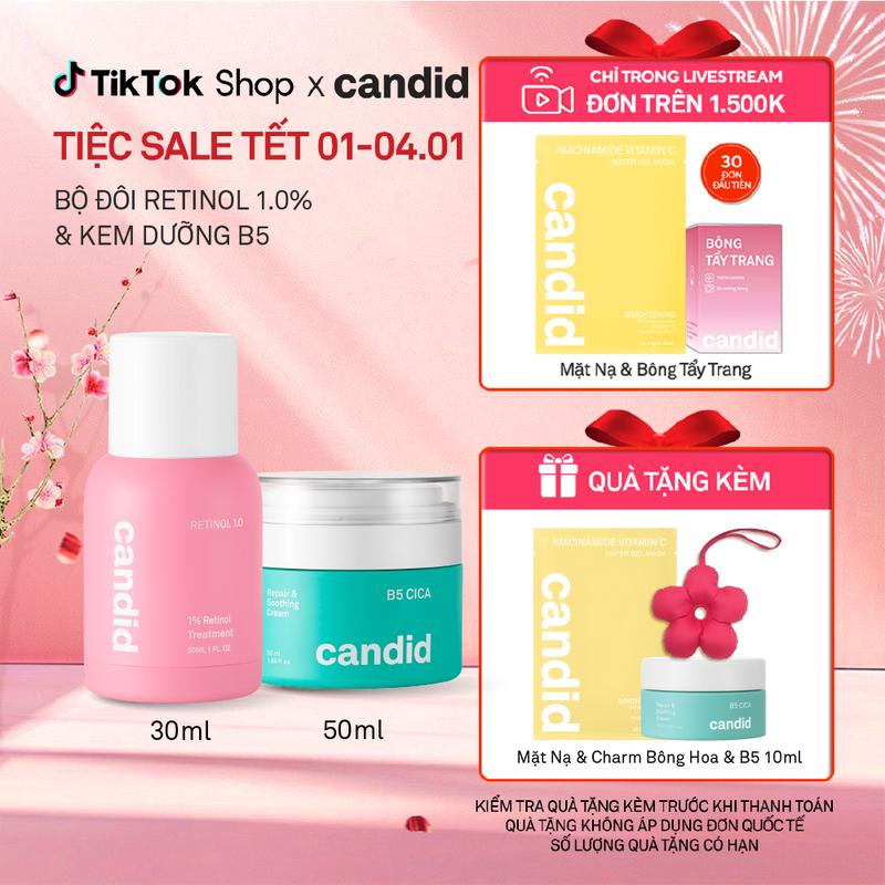  Bộ Đôi Hỗ Trợ Cải Thiện Và Phục Hồi Làn Da Candid Retinol 1.0% 30ml & Kem Dưỡng B5 Cica 50ml 