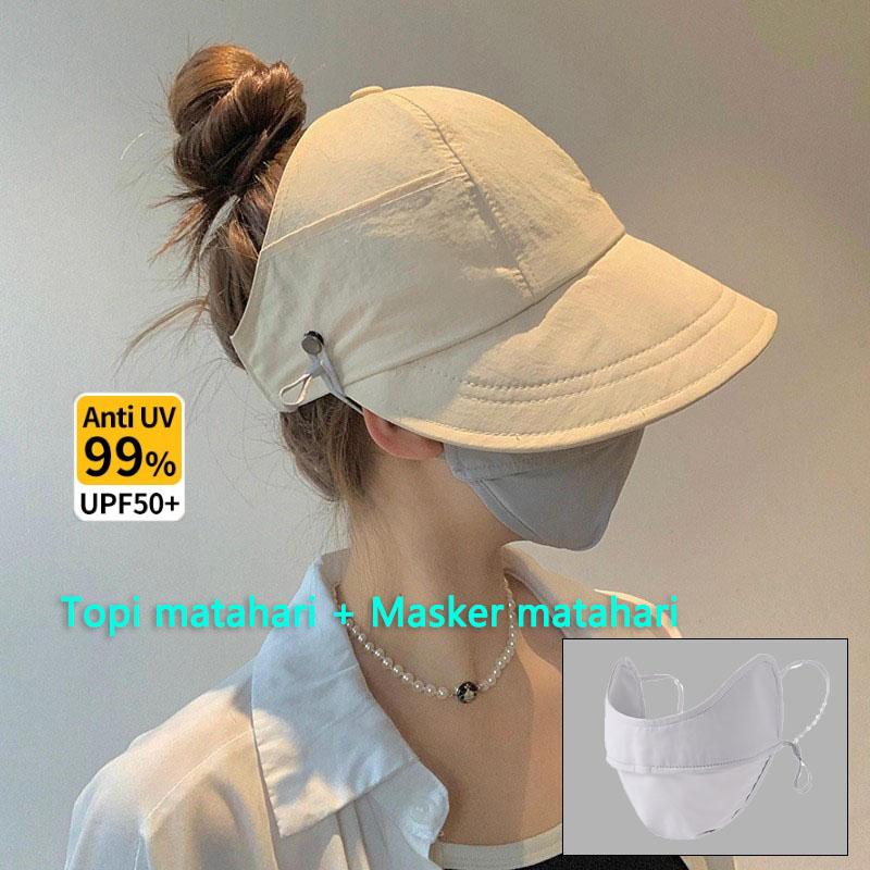 Topi Wanita Matahari Lipat Mencocokkan Masker Tabir Surya Topi Pantai Anti Uv Kuncir Kuda 0