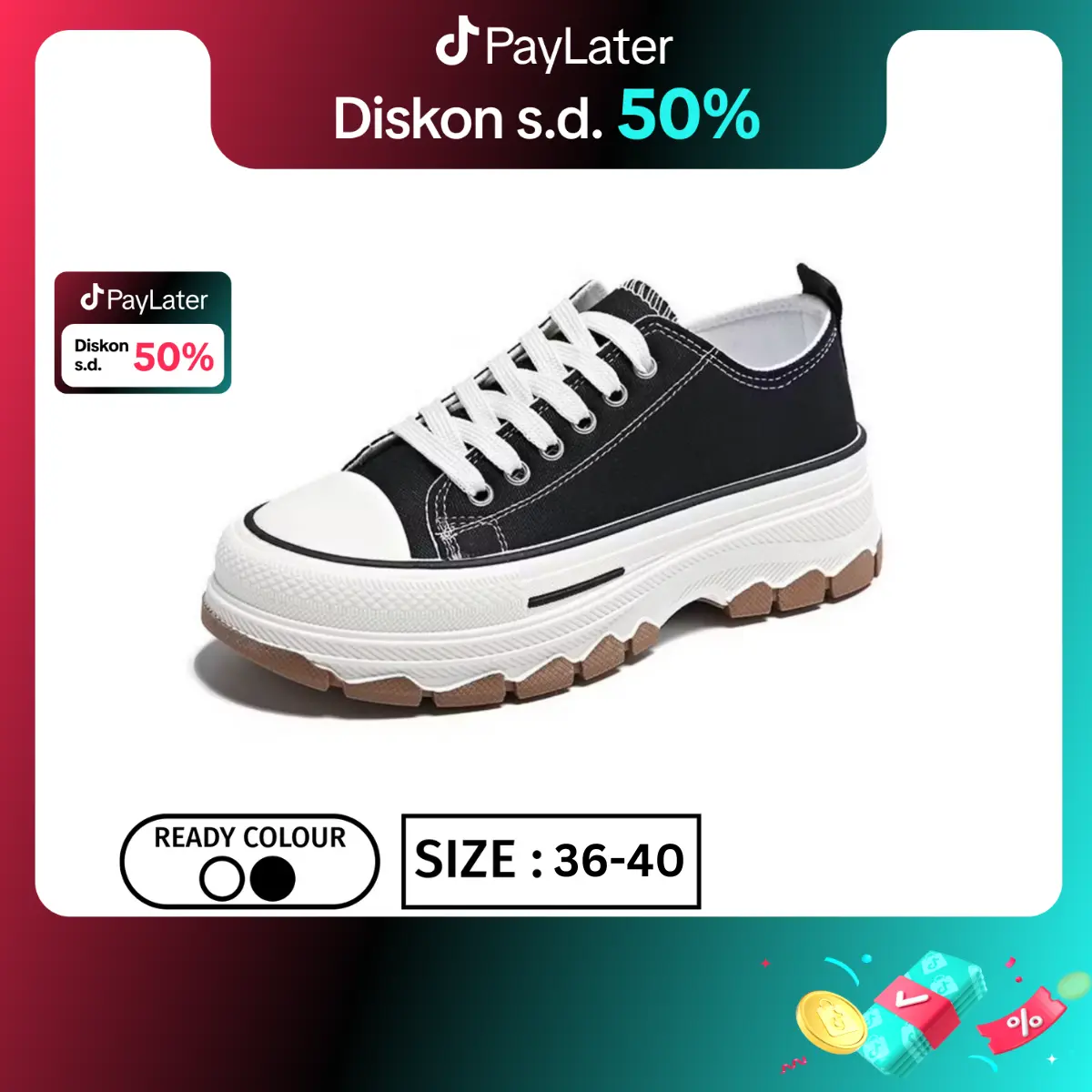 SW353 Sepatu Sneakers Wanita "YUBIN" Bergerigi Casual Sekolah Rendah Hitam Putih Anti Slip Fashion Shoes Sport Cewek Running Snekers