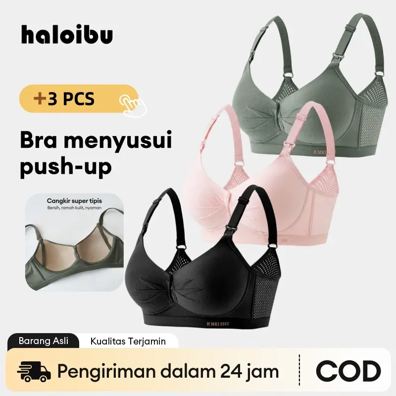 3 PCS Bra Menyusui Bra Tanpa Kawat Penutup Depan Gesper Tali Bahu Bra Bersalin Ukuran Ekstra Besar Jaring Bernapas Elegan Bra Push-Up 2095