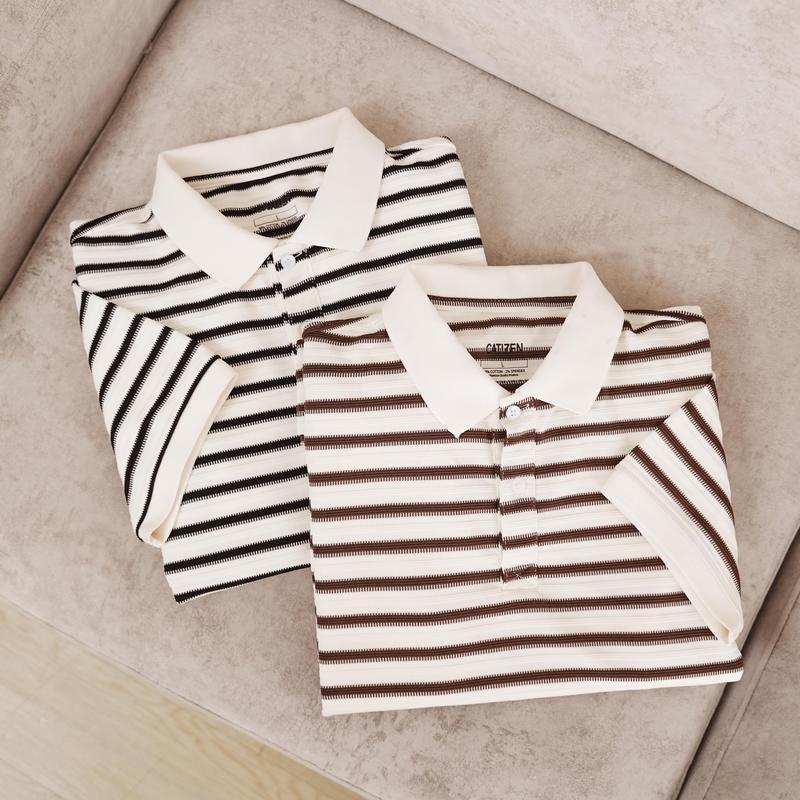 Áo Polo Nam RIDGE Vải Dệt Gân Nổi, Màu Kem Họa Tiết Sọc Sang Trọng, Form Regular Fit - CATIZEN