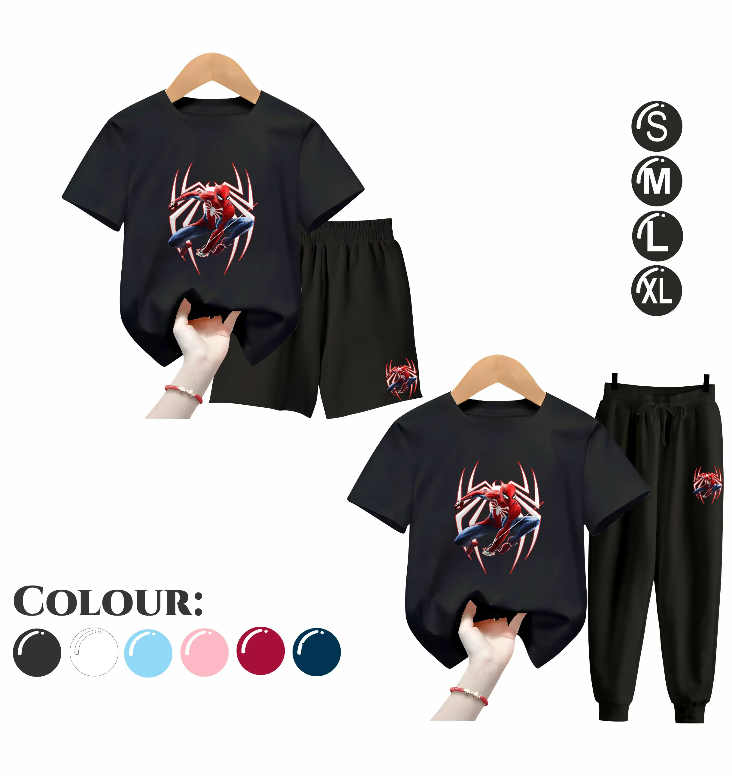 Baju Setelan Anak Laki Laki - Pakaian Kaos dan Celana Fashion Anak Cowok Usia 5-15 Tahun - Motif SPIDERMAN Hitam