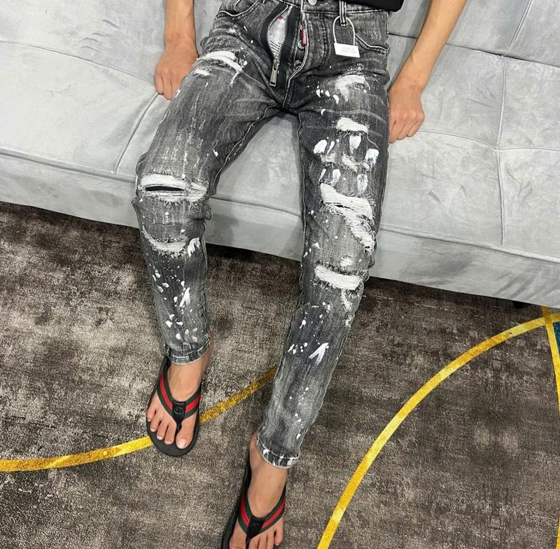 Quần jean nam DQS xám khói bạ đen khóa lệch rách vá bảng 4 cúc Menswear Top