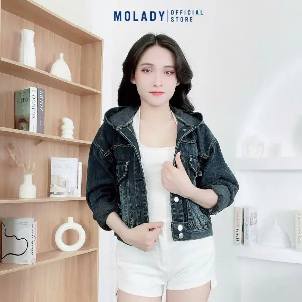 Áo Khoác Jean Nữ MOLADY K26 Thiết Kế Gấu Thêu Sau Có Nón Top Jacket Cotton