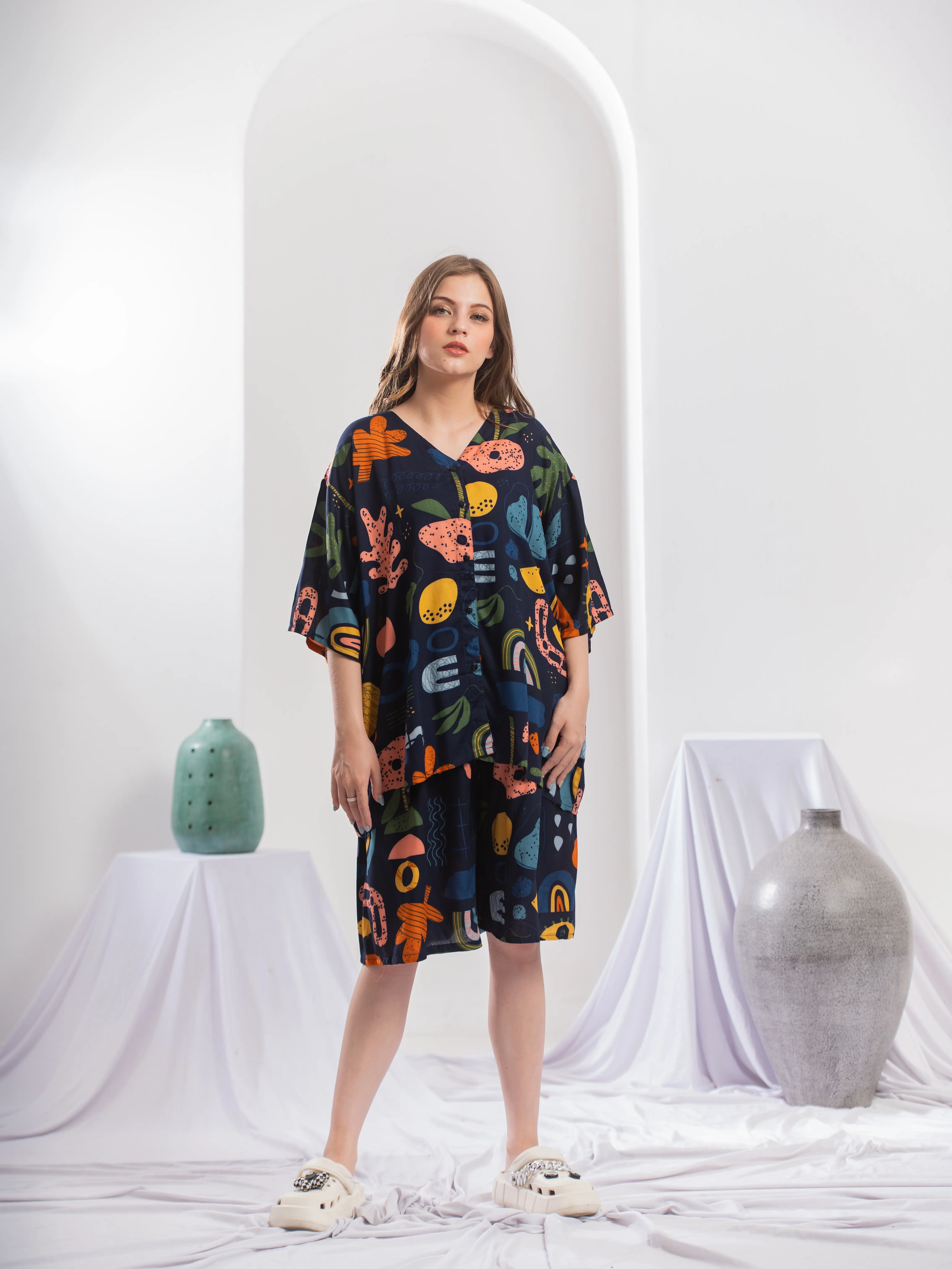 (Ld 120 Dan 140) Baju One Set Setelan Wanita Atasan Celana Pendek Rayon Premium Super Jumbo Motif Vneck Kancing Aktif