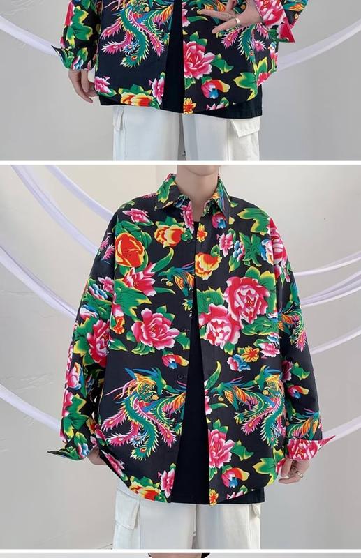 Product Introduction of Men's and Women's Neutral Chinese Style Northeast Big Flower Short-Sleeved Shirt Shirt Coat Ethnic Style Ancient Chinese Clothing Team Uniform 4