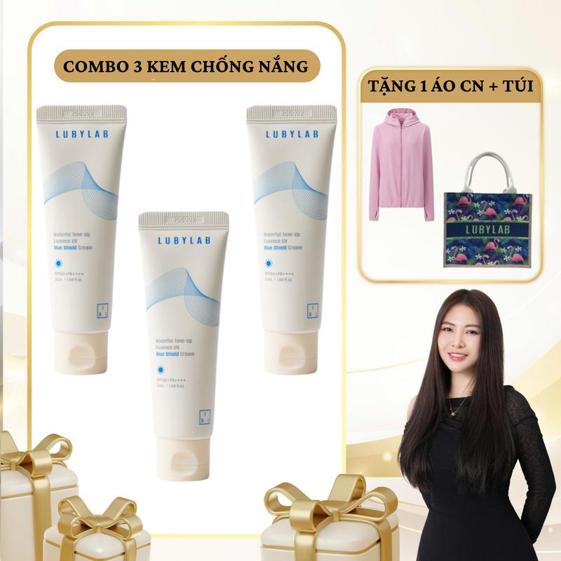 SN1782 -  Combo 3 Tuýp Kem Chống Nắng Lubylab Waterfull Tone-up Essence UV Blue Shield SPF50+ PA++++ 50ml tặng 1 áo chống nắng + 1 túi xách Lubylab
