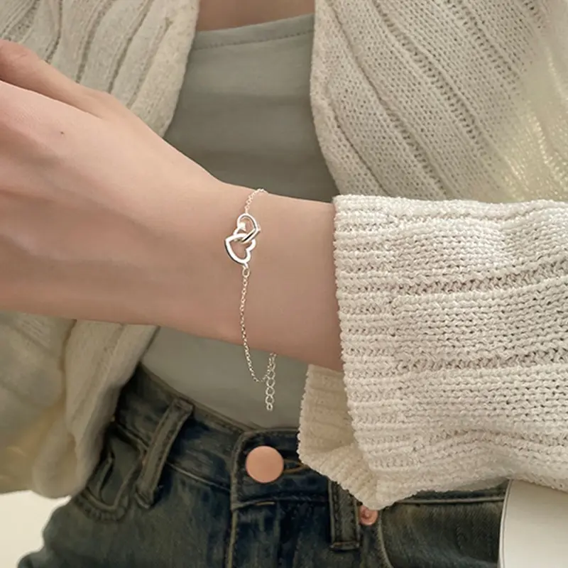 Vòng Tay Hợp Kim Kim Loại Cho Nữ, Trái Tim Đào, Trái Tim Đôi, Lồng Vào Nhau, Trái Tim Nhỏ, YK Phụ Kiện Móc Khoá 1