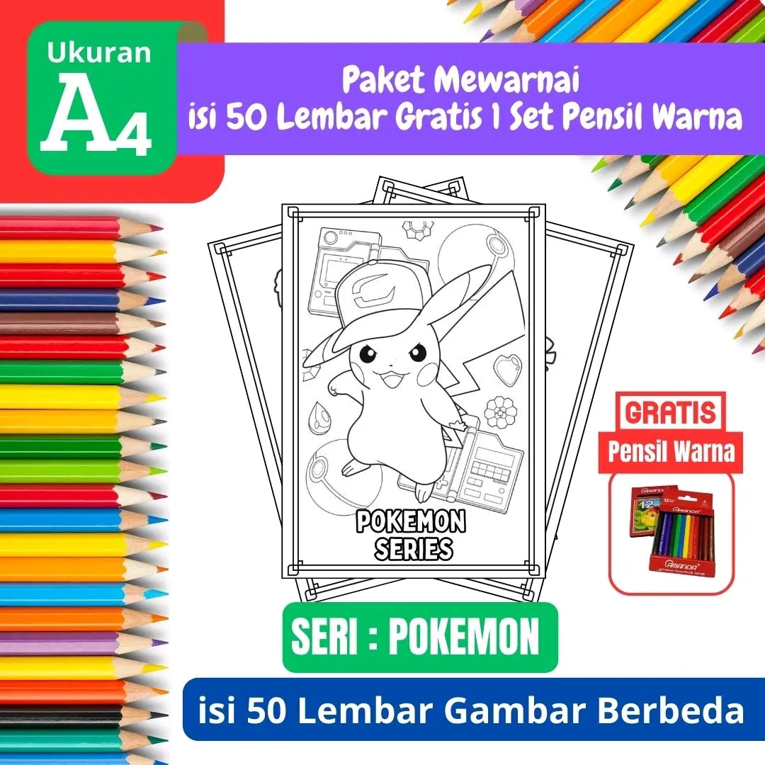 [ EDISI Pokemon -A4 ] Promo Termurah Paket Mewarnai Gambar isi 50 lembar Gratis 1 Set Pensil Warna - A4 Tebal