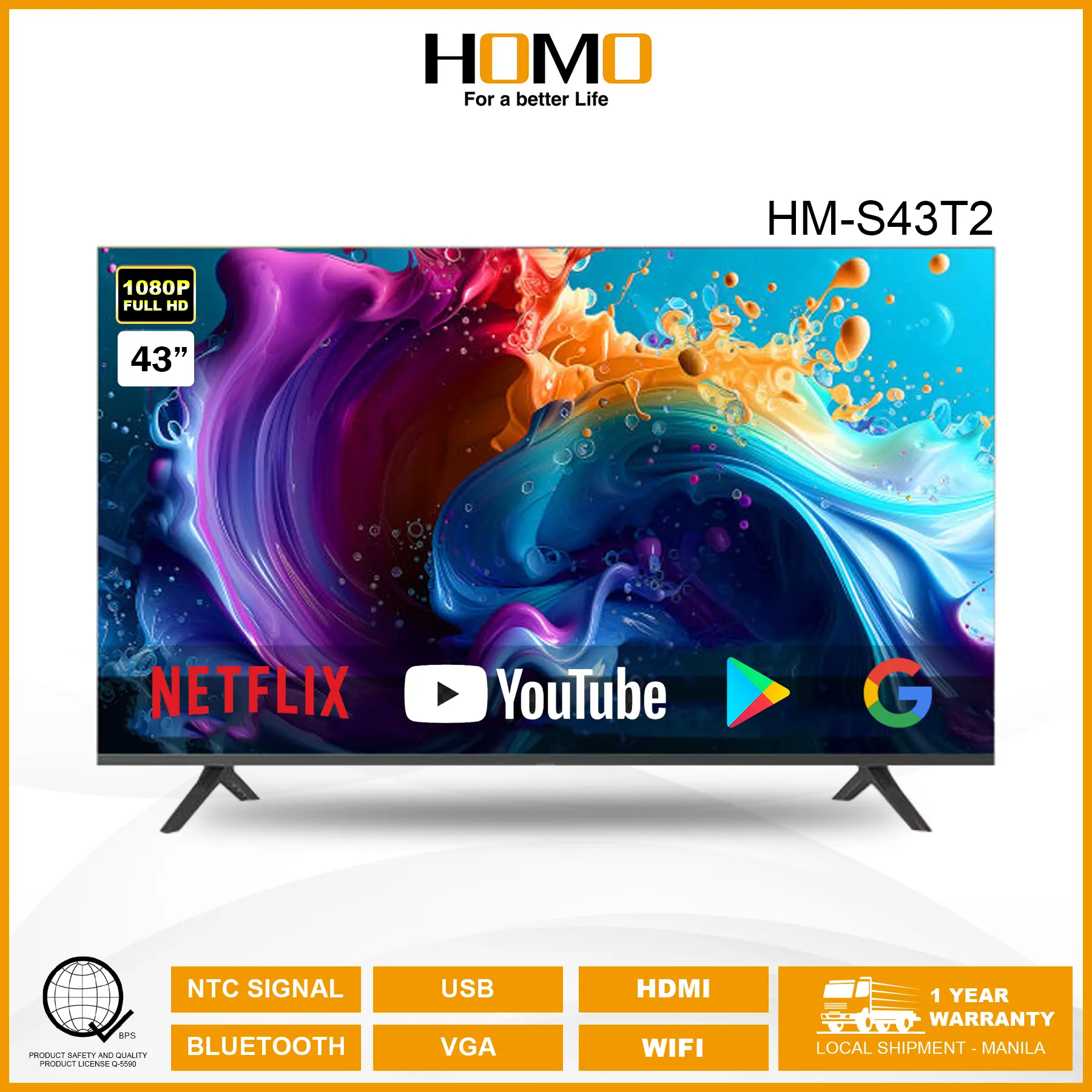 [FREE BRACKET] HOMO 43" HD SMART TV | FULL HD | LCD/LED | HM-S43T2