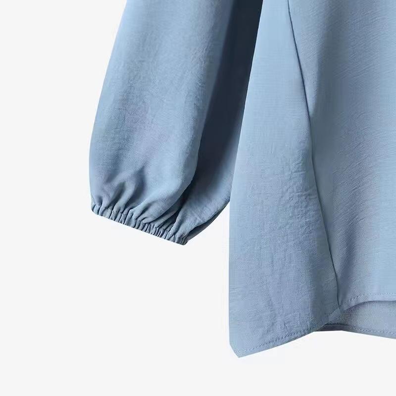 Product Introduction of High quality cross solid color blue Black Kachislin long sleeve pocket hidden door tube dyed buckle elastic waist long pants shirt set long shirt + pants 5