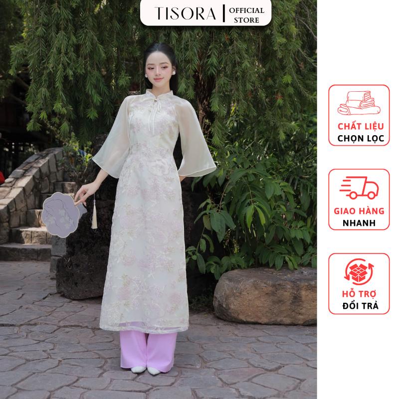  Tisora Sét bộ áo dài Nhã Vân cách tân tay lửng thêu hoa phối tay voan đính cúc ngọc + quần lụa 