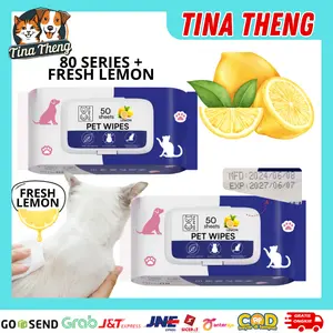 Tina Theng Tisu Basah Hewan LEMON 80 SERIES Anti Bakterial untuk Pembersih Kotoran Kucing Anjing dengan Aroma Light Lemon Scent 50 pcs