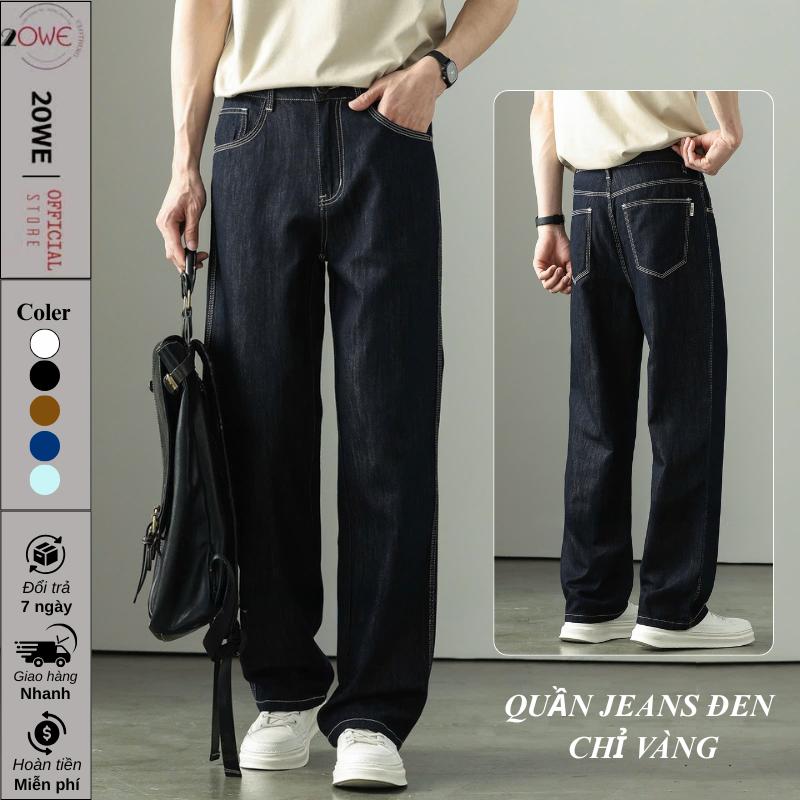 DEAL MỞ BÁN Quần Jeans nam ống rộng form suông màu đen chỉ nổi màu vàng trẻ trung năng động hot trend 2025