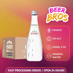 Evian Glass Natural Mineral Water 330ml [ Dus isi 20 Botol Kaca ] JNE Cargo Termasuk Packing Kayu