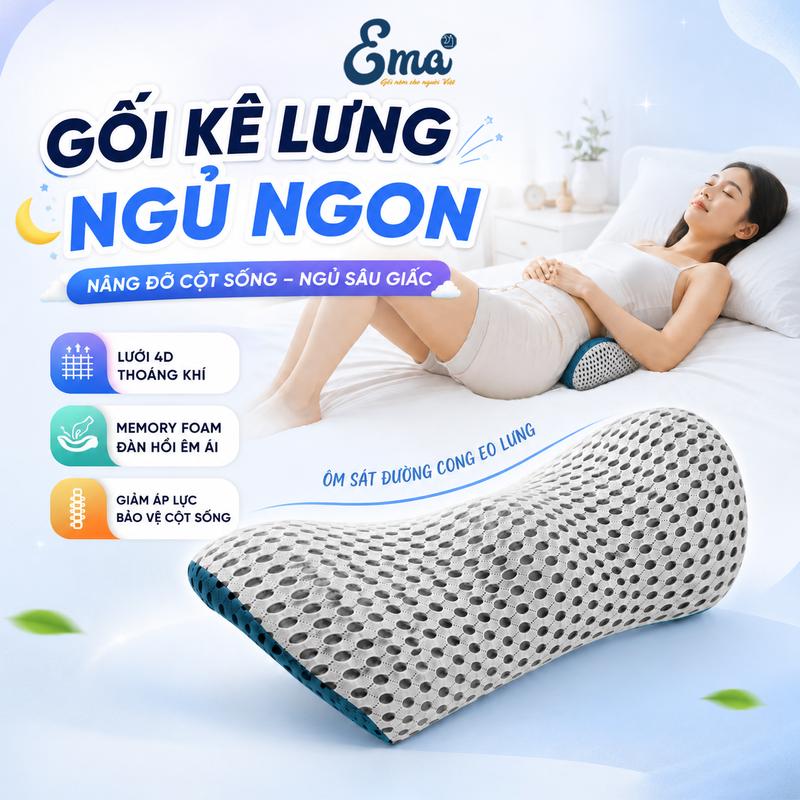 Gối kê thắt lưng nén bạc EMA - Ruột cao su non cao cấp, vỏ lưới siêu thoáng