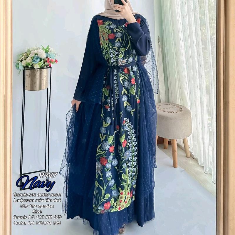 Ribyka R787 (2in1) gamis set outer matt Ladyzr Mix Tile dot Mix Tile garden 6