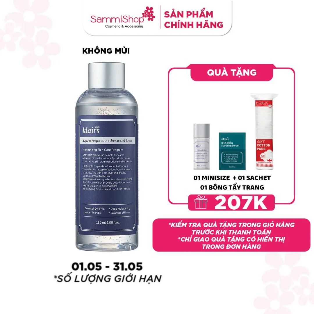 KLAIRS Supple Preparation Unscented Toner 180ml - Nước hoa hồng ( Dưỡng Ẩm Da ) LC
