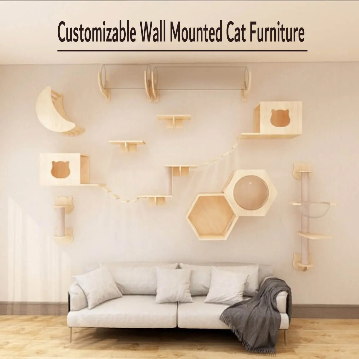Custom Wall Mounted Cat Tree on wall Customized wall mounted cat Furniture Wooden Cat Bridge on the wall hanging Cat Wall Nest Solid Wood Cat Crawler Integrated Wooden Cat Jumping Cat Wall Wall-type Wall-mounted Combination