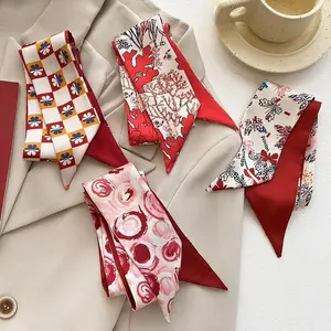 Soft Floral Silk Scarf Syal Fashion Korea Satin Premium Syal Multifungsi Tas Kain Ikat Rambut Wanita Red Series Bahan Satin Motif Floral