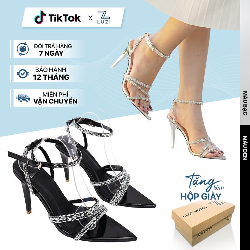  Giày cao gót nữ 7P  guốc cao 10P đính đá sandal chiến binh dây đá nhọn giày nữ mũi nhọn quai chéo phong cách mới Luzi Shoes M145 