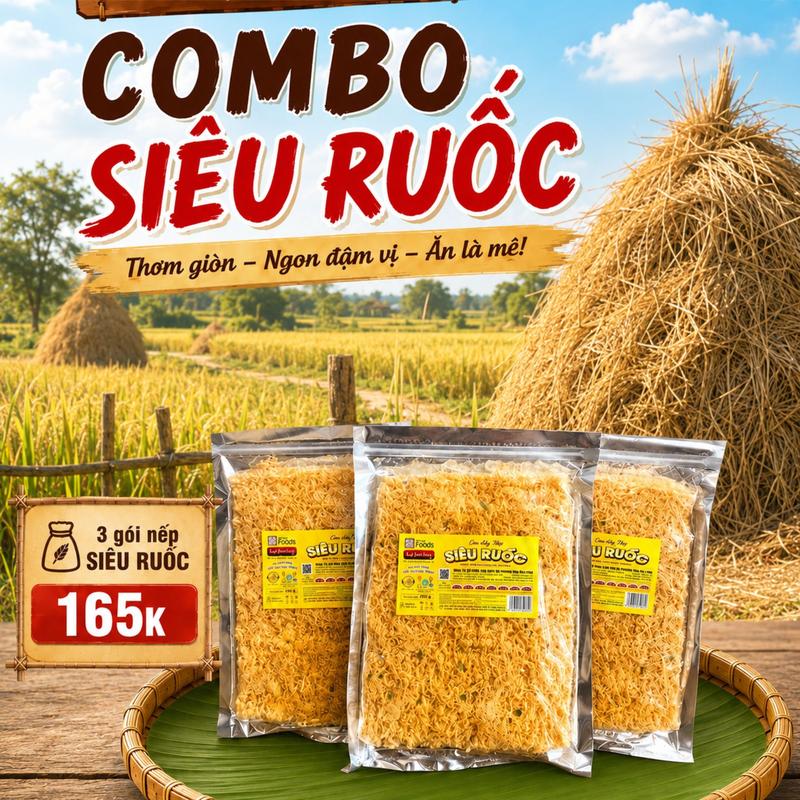 Combo 3 gói Cơm cháy nếp siêu ruốc chà bông Ninh Bình Vàng, cơm to 250g Snack…