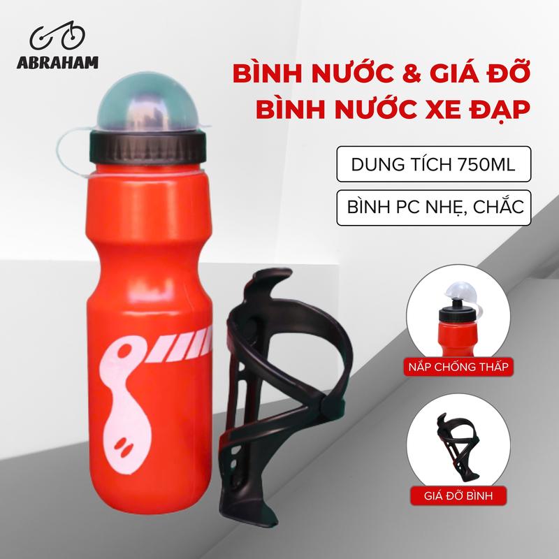 Bình Nước Xe Đạp Abraham 750ml Kèm Gọng Đỡ, Giá Đỡ Chắc Chắn, Nắp Chống Rò Rỉ, Dễ Lắp Đặt