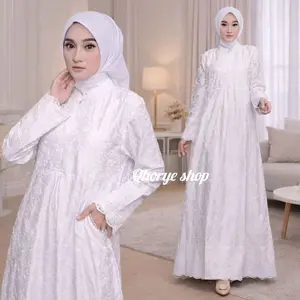 Gamis Putih Premium Elegan Mewah 2026 Haji & Umroh Bahan Silk Renda Kerancang Full Bordir | Dress Putih Mewah Nyaman Dipakai Ibadah Wanita Muslim Dewasa Remaja Syari Maxi