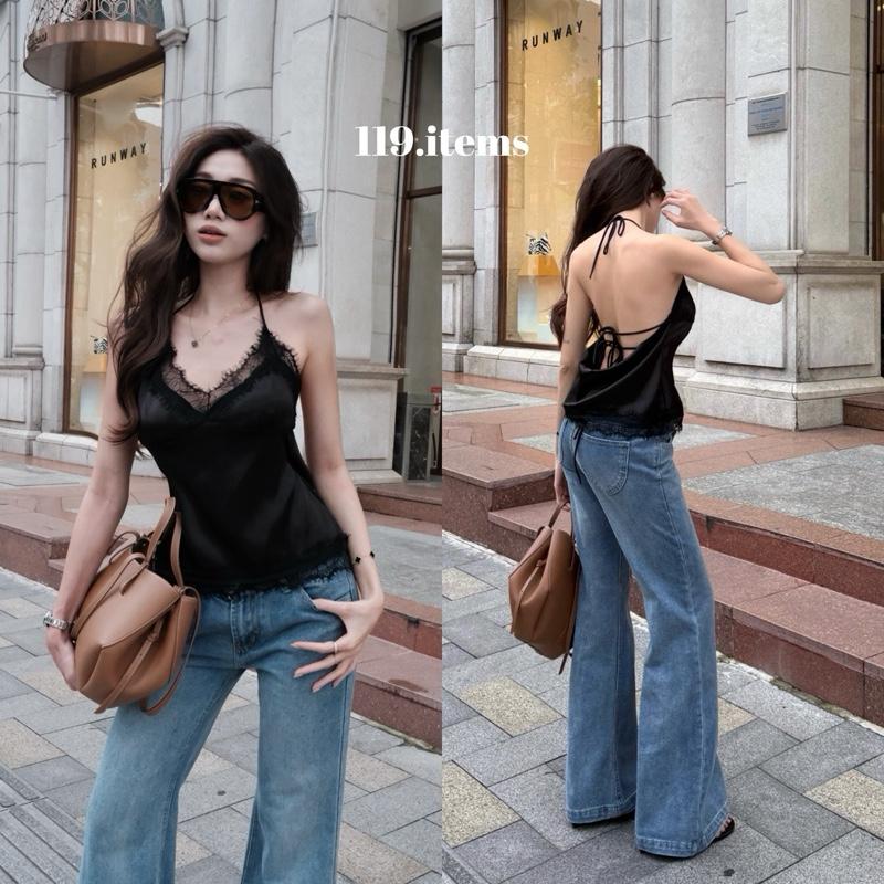  Áo Lụa Cổ Yếm Phối Ren Lưng Cổ Đổ Cột Dây 119.items  mặc 2 kiểu  