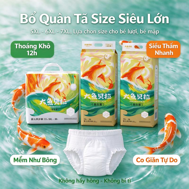 Tã quần size siêu lớn 5XL-7XL có men vi sinh tự nhiên bảo vệ làn da nhạy cảm chống hăm mông hiệu quả giảm kích ứng da dành cho bé mập bé lớn hàng có sẵn kho tại Việt Nam giao hàng nhanh chóng không cần chờ đợi