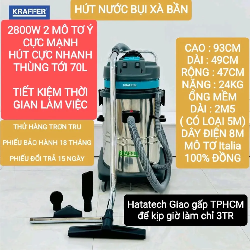 Máy hút bụi 2 Motor 70L 2800W - Máy hút bụi nước công nghiệp siêu mạnh, Bảo hành 18 tháng, HT70K
