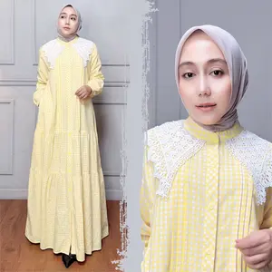 MOZHA SHAFURA.Cloth RENATA DRESS Bahan Katun Kotak Yarndyed Halus Lembut Adem Nyaman Dipakai Seharian Gamis Wanita Maxi Dewasa Remaja Kombinasi Kerah Renda Full Kancing Busui Wudhu Friendly Casual Elegan