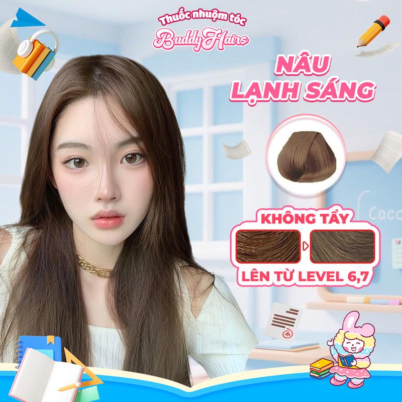 Thuốc nhuộm tóc Nâu Lạnh Sáng, Nâu Lạnh, Nâu Trà Sáng không cần dùng Thuốc tẩy tóc Buddyhairs, Buddyhair, Buddy.hairs Đổi Màu Tóc
