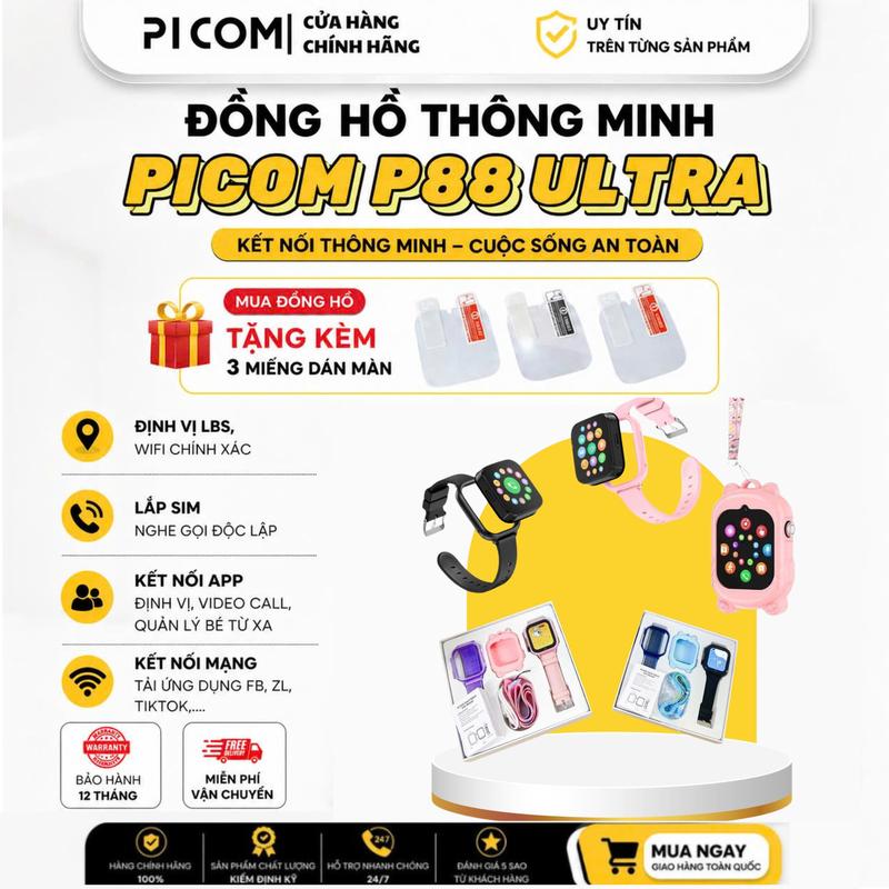 ĐỒNG HỒ THÔNG MINH PICOM P88 ULTRA LẮP SIM KẾT NỐI WIFI NGHE GỌI TẢI ỨNG DỤNG