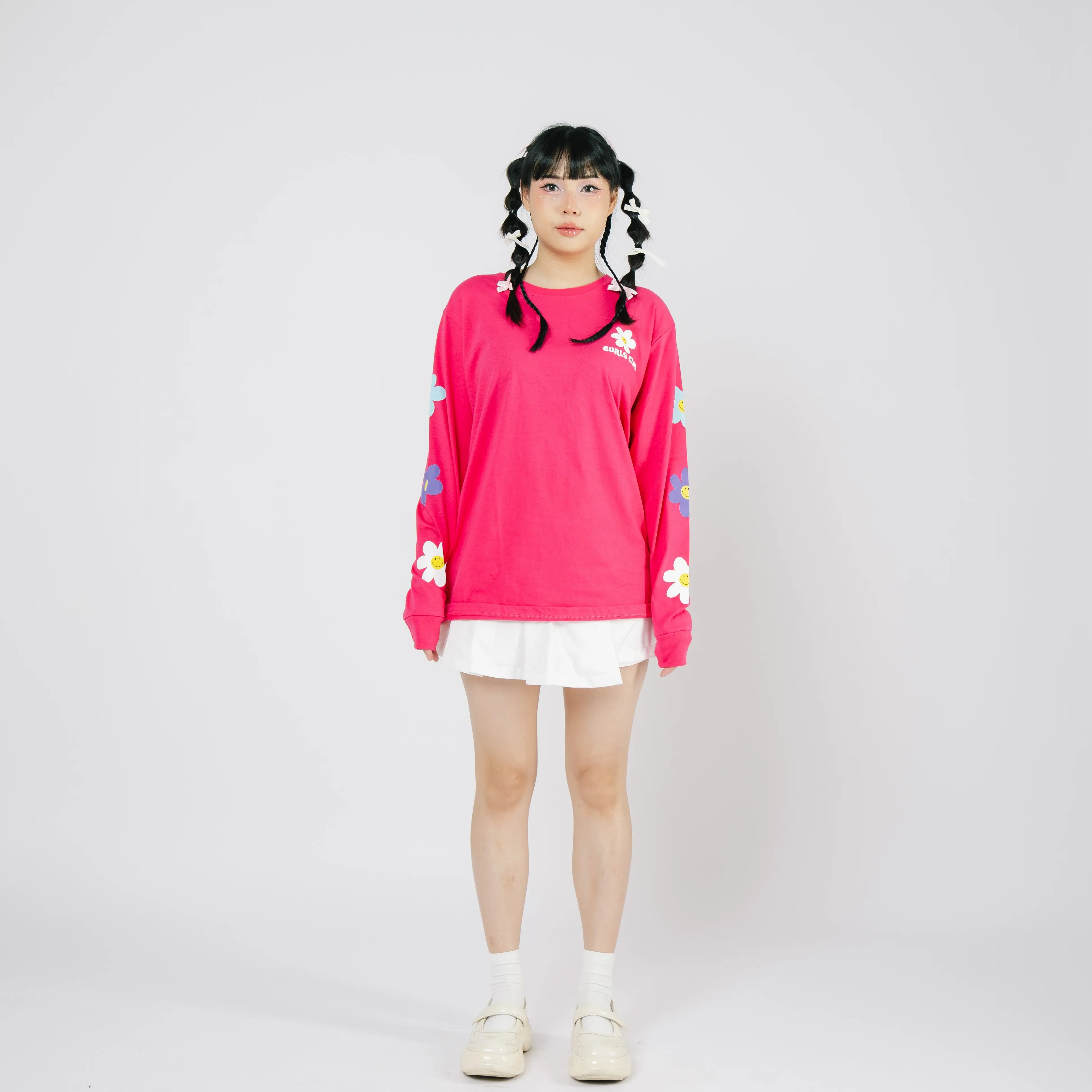 Gurls Club Long Sleeve - Bloom Fushia Combed Kaos Katun Nyaman Panjang Sablon Tangan Distro Pria T-Shirt Pendek Rib Polos Baju