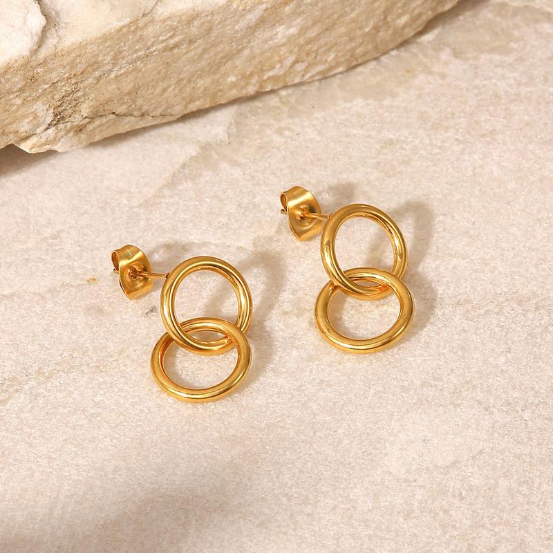 Product Introduction of European and American Ins Style Titanium Steel Hoop Earrings Women's Stainless Steel Double round Ring Pendant Earrings Geometric Earrings Jewelry 0