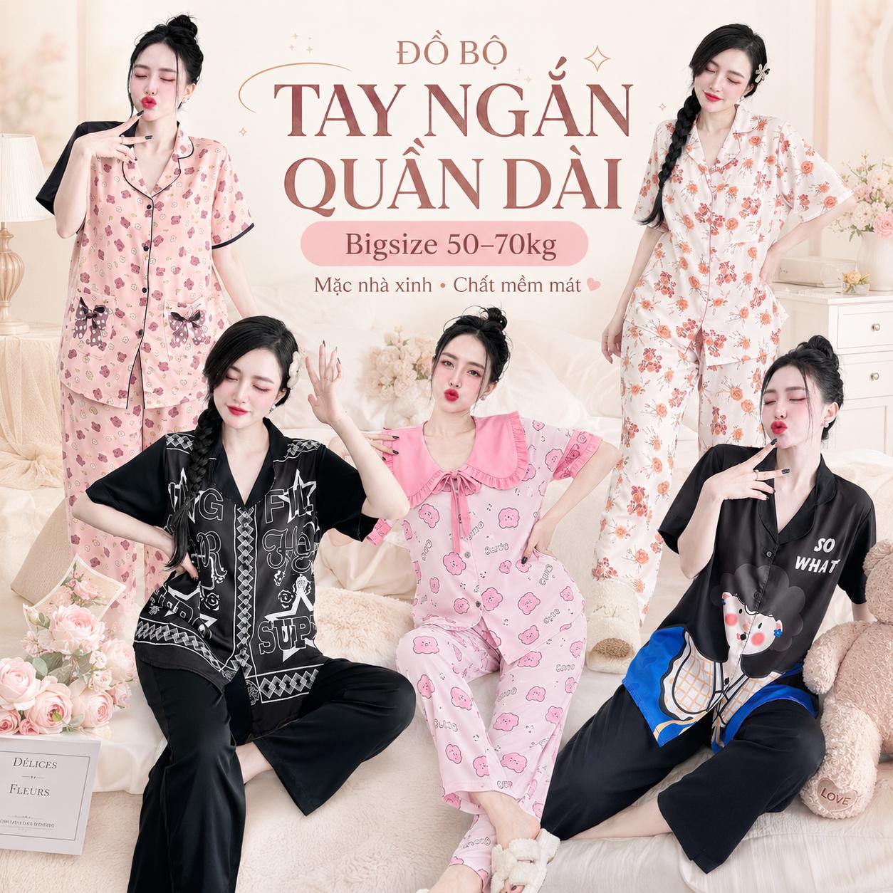 Đồ Bộ Đồ Ngủ Mặc Nhà IN 3D Nữ Bigsize 50-70kg Lụa Măng Gồ Cao Cấp, Pijama Tay Ngắn Quần Dài Form Rộng Sang Xinh - A.TH4MG