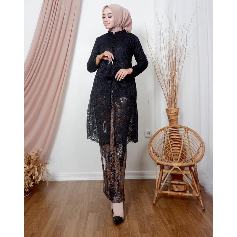 Kebaya tunik naila brukat halus premium- full kancing Polos Hitam Putih Navy Bawahan Bordir Dress Panjang Semi Wanita Pesta Atasan Seragam Setelan Kondangan Mewah Wisuda 3