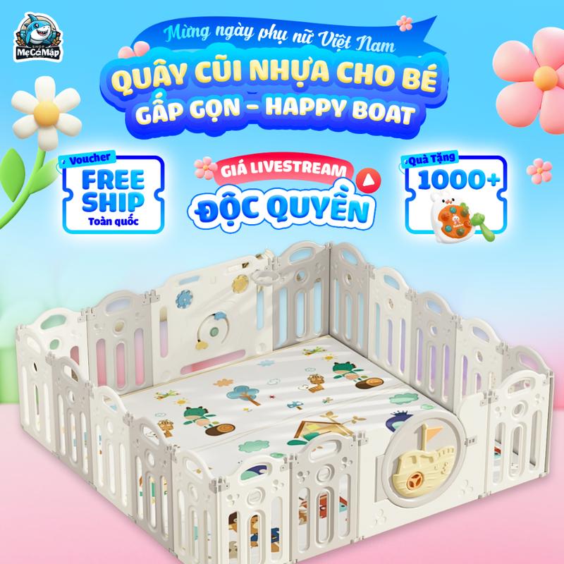 Quây Cũi Nhựa Cho Bé Happy Boat Tặng Bóng+Thảm+Bóng Rổ+ Giỏ, Quây Nhựa Gấp Gọn Dùng Cho Mọi Loại Sàn QN05
