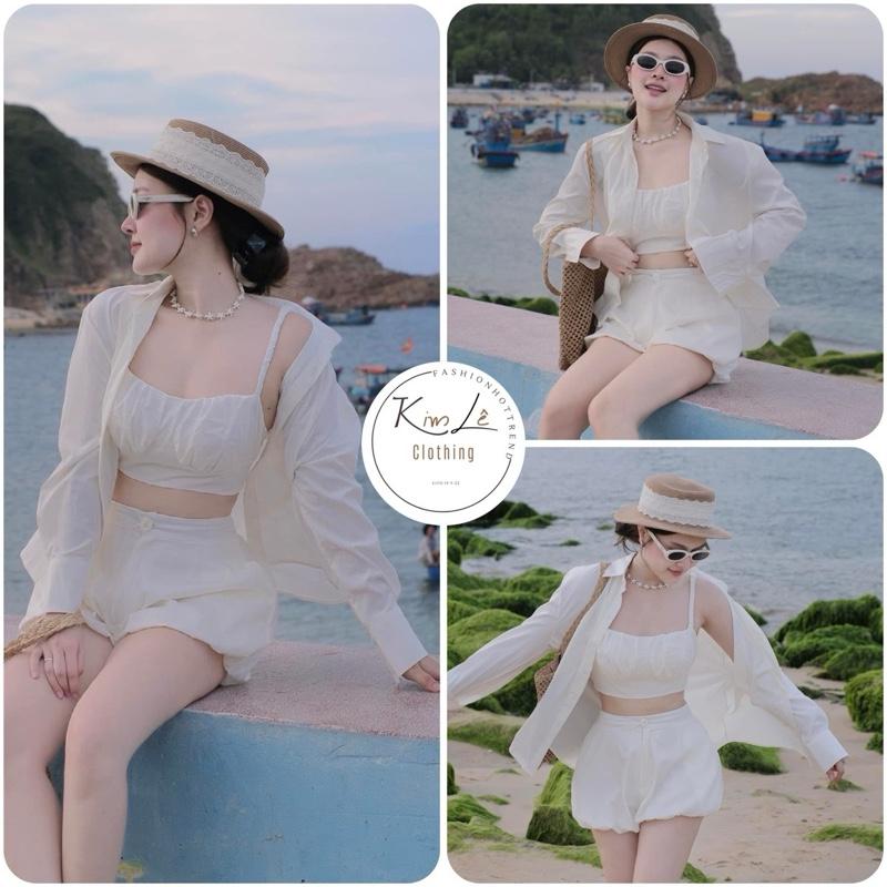 Set 3 Món Áo Khoác Sơ Mi Mix Áo Bra Kèm Quần Bí Đi Biển Đi Chơi Siêu Hot (có mút) Freesize Dưới 53kg