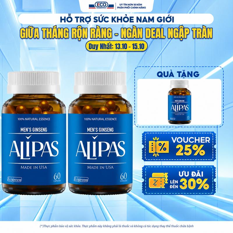 [Tặng Hộp 15v] Combo 2 Hộp 60v - Viên Uống Sâm Alipas Ecogreen Hỗ Trợ Sức Khỏe Nam Chứa Tinh Chất Hàu