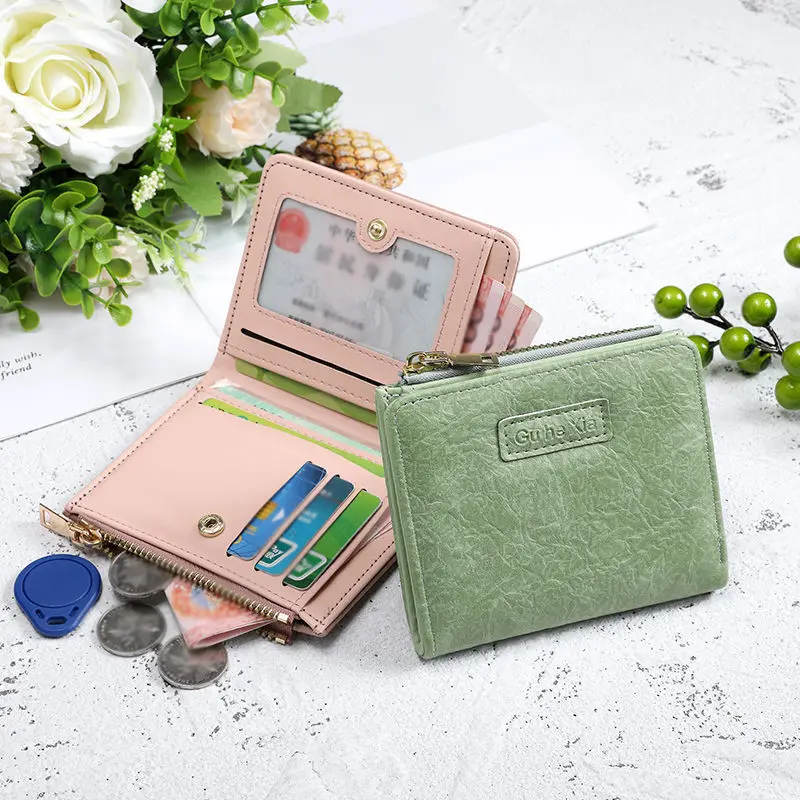 Women's Retro Small Wallet Pure Colour Short Student Wallet European and American Multi-card Folding Wallet