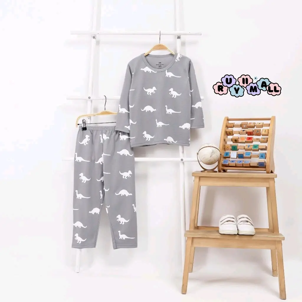 Set Piyama Anak Setelan Panjang Anak Motif Dino Usia | PIYAMA ANAK / KAOS ANAK FULL PRINT SETELAN / KAOS PRINT TEE / MOTIF NAVY ZOO WARNA BAHAN DASAR ABU
