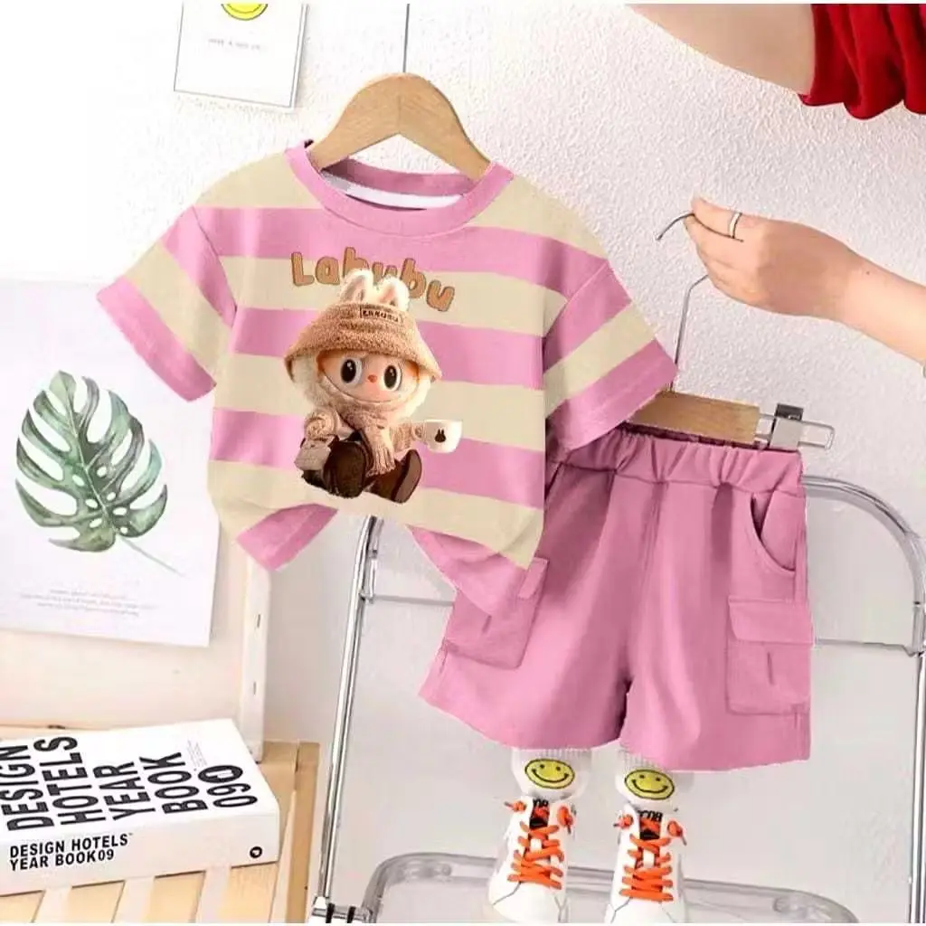 Setelan Baju Kaos Salur Anak Celana Pendek Labubuu Viral Terbaru - Fashion Anak