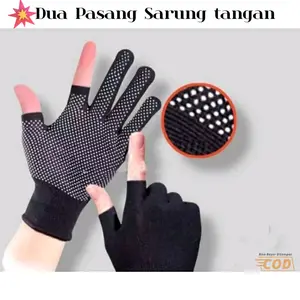(2Pasang) Sarung Tangan Anti Slip Half Finger 2 Jari Hitam bermotor memancing Gym