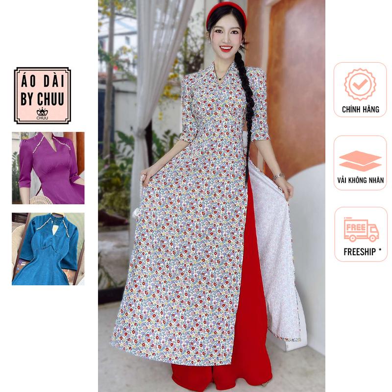 Áo dài truyền thống nữ kiểu cách tân cổ V viền ngọc miu trắng không kèm quần CHUU AD2720