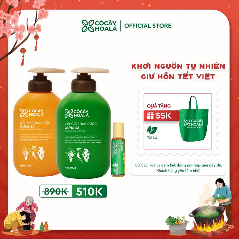 COMBO DƯỠNG TÓC GỪNG COMBO Dầu Gội Xả Thảo Dược Cỏ Cây Hoa Lá Gừng Sả 500g chai & Thanh Lăn Hỗ Trợ Làm Dày Tóc Từ Gừng 15g - Hỗ Trợ Giảm Bết Dầu Gàu Hỗ Trợ Làm Dày Tóc Dưỡng Tóc Chắc Khỏe